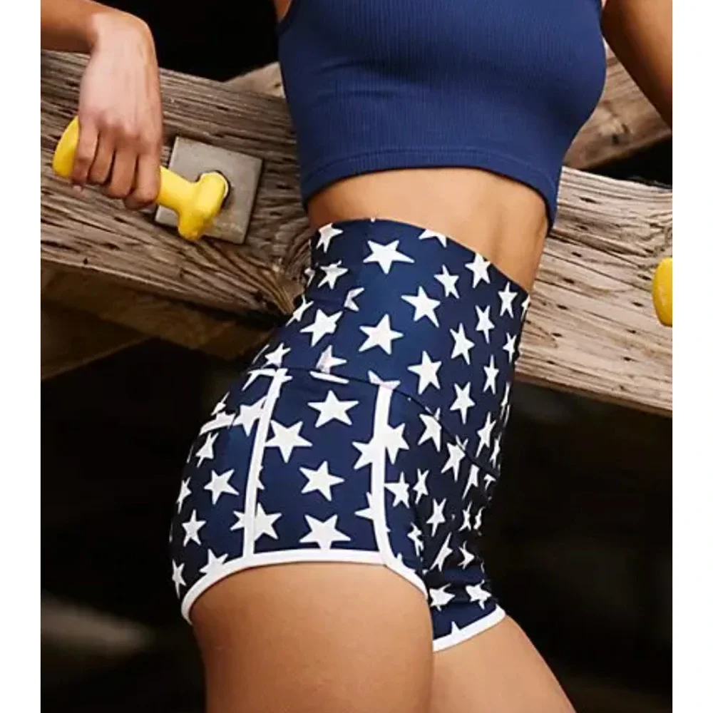 NEW FREE PEOPLE FP MOVEMENT NAVY BLUE WHITE STARS ISLAND TIME PRINTED SHORTS XS